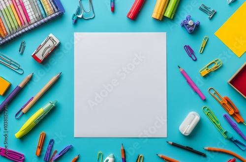 Colorful stationery and stationery supplies arranged around blank paper on a ...