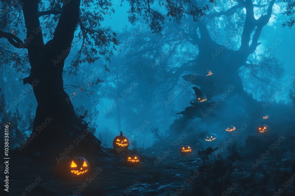 Obraz premium halloween night scene with pumpkins
