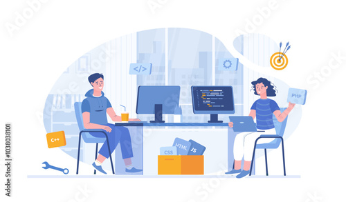 Developers team. Optimization, development, testing app. Programmers creates software. Vector illustration with characters in flat design for web banner.