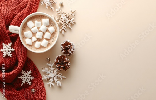 Cozy winter hot chocolate with marshmallows and pine cones on a red knitted b...