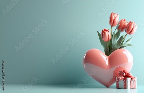 Beautiful heart shaped box adorned with flowers and a bow on a soft blue back...