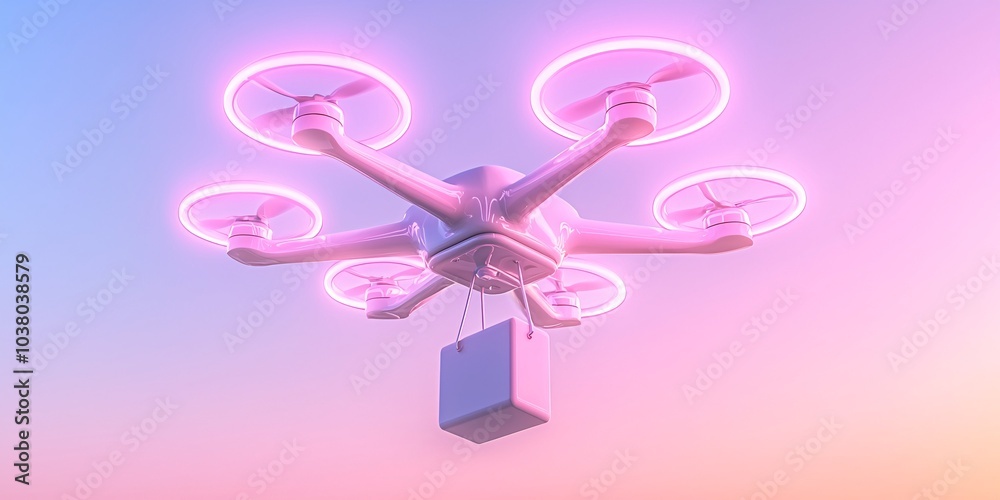 Drone Delivery Concept with Neon Lights in Sky Drone Delivery Concept with Neon Lights in Sky