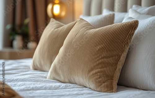 Cushions arranged neatly on a comfortable bed in a cozy, well lit bedroom int...