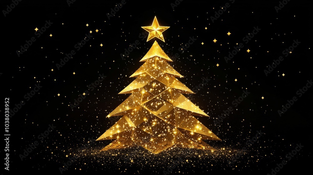 Golden Christmas tree with star atop, shining against a dark background during festive season Golden Christmas tree with star atop, shining against a dark background during festive season