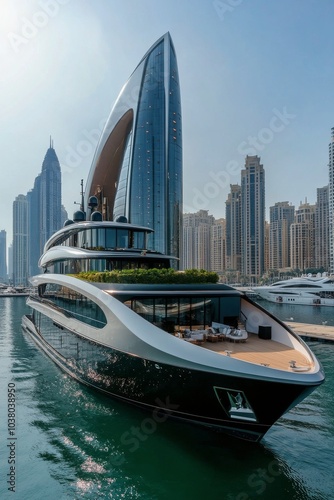 Luxury yacht docked in Dubai Marina on a clear sunny day with skyscrapers in ...