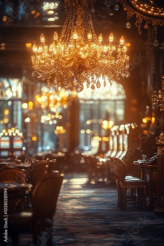 Elegant casino interior with chandeliers and slot machines in a luxurious atm...