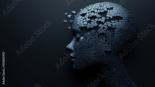 A silhouette of a human head made of puzzle pieces, symbolizing complexity and thought.