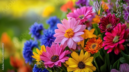 Close-up of a vibrant bouquet of mixed flowers in full bloom