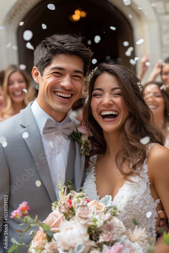 Celebrating a joyful wedding couple surrounded by friends with confetti in a ...