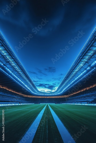 A vibrant football field at twilight with stadium lights illuminating the grass