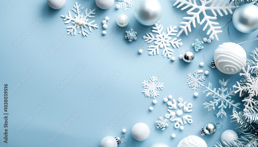 Fototapeta premium Beautiful snowflakes and decorative balls on light blue background, flat lay. Space for text