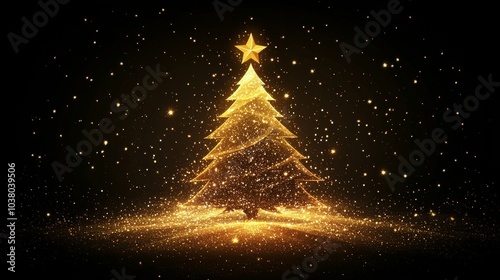Golden Christmas tree with star atop, shining against a dark background durin...