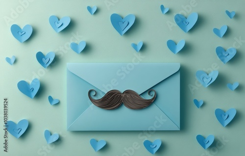 Blue envelope with mustache design surrounded by heart shapes in a creative a...