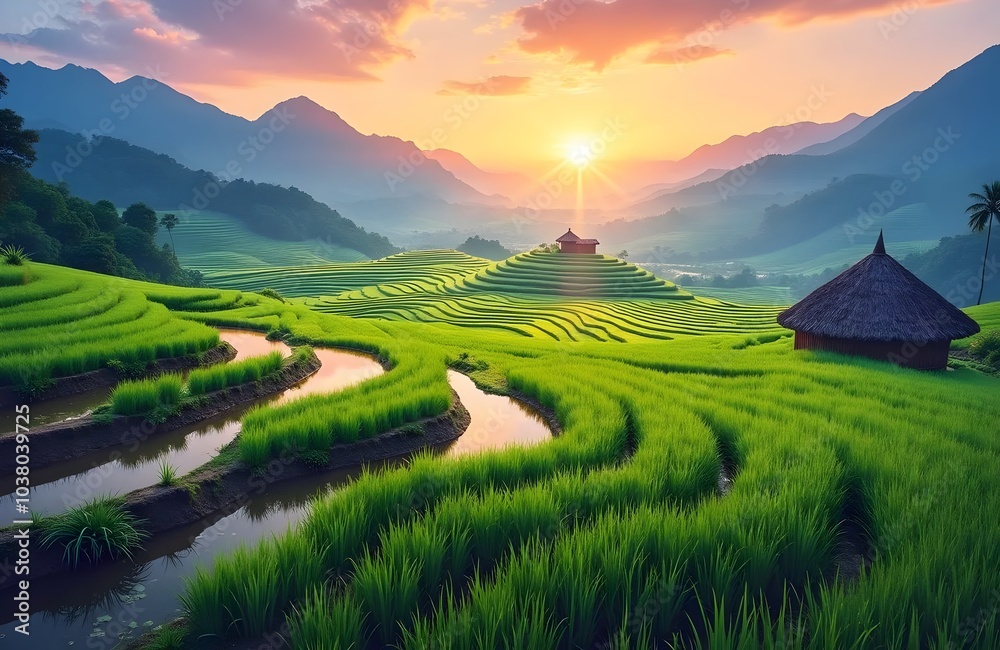 Sunrise Over Lush Rice Terraces And Houses. Generative AI