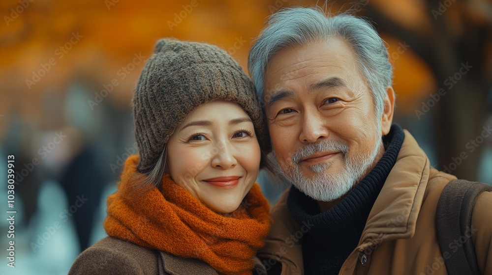 Couple is posing for a picture in the fall. The woman is wearing a brown hat and scarf, while the man is wearing a brown jacket. They both have a smile on their faces, and the man is holding a camera Couple is posing for a picture in the fall. The woman is wearing a brown hat and scarf, while the man is wearing a brown jacket. They both have a smile on their faces, and the man is holding a camera