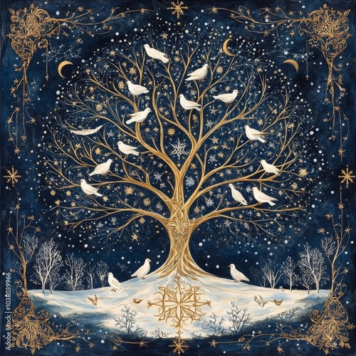 A mystical tree adorned with doves and stars under a night sky full of wonder...