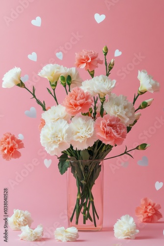 A beautiful bouquet of pink and white carnations against a soft pink backgrou...