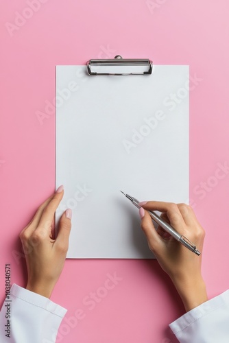Writing notes on a clean clipboard with a pink background in a calm workspace...