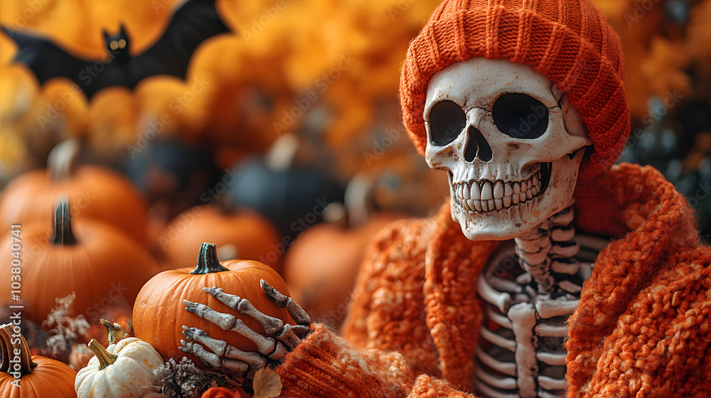 A Skeleton Dressed in an Orange Beanie and Sweater Holding Pumpkins, Creating a Fun and Quirky Halloween Look.
A Skeleton Dressed in an Orange Beanie and Sweater Holding Pumpkins, Creating a Fun and Quirky Halloween Look.