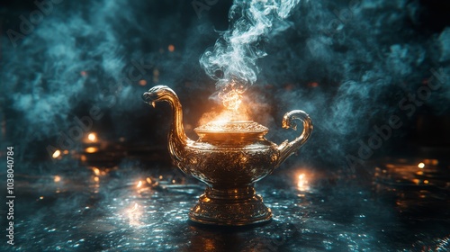 A mystical lamp emitting smoke in a dimly lit ancient setting at night