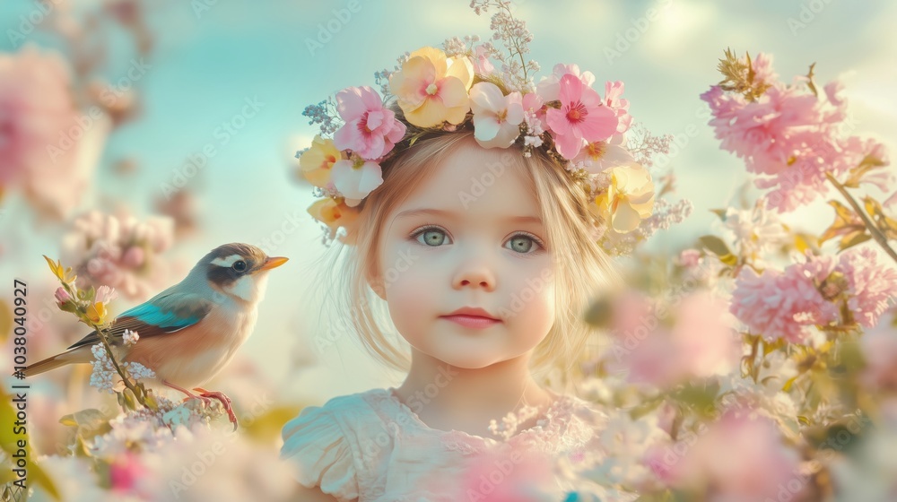 Girl with flower crown, surrounded by blooming flowers and a bird Girl with flower crown, surrounded by blooming flowers and a bird