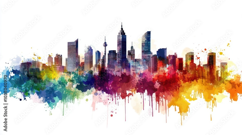 Fototapeta premium A colorful watercolor skyline illustration showcasing a vibrant cityscape.