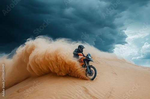 Adventurous rider conquering sandy dunes under an ominous sky near the ocean