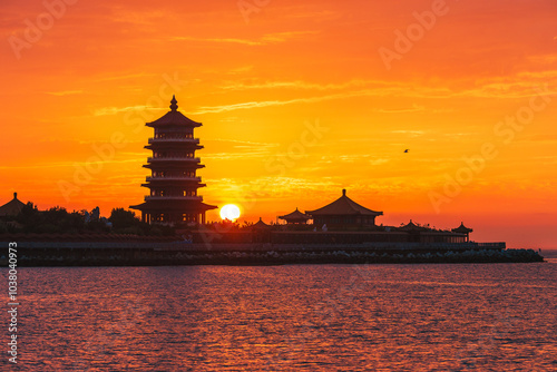 Sunset and sunset glow at the seaside, Penglai District, Yantai, Shandong, China photo