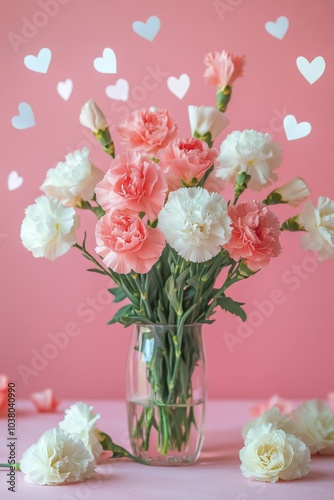 A beautiful bouquet of pink and white carnations against a soft pink backgrou...