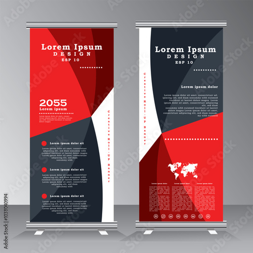 roll up banner template for business, vertical banner template, abstract geometric standee banner, modern x-banner and pull up, vertical banner with red and black color