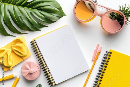A stack of colorful notebooks and a blank notepad arranged neatly on a wooden...