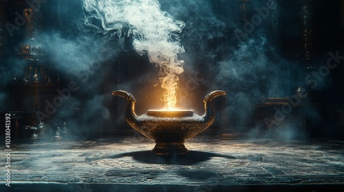 A mystical lamp emitting smoke in a dimly lit ancient setting at night