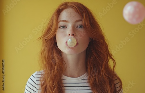Young woman with red hair blows bubble gum against a vibrant yellow backgroun...