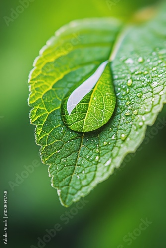 Close up of a water droplet resting on a green leaf in early morning light ou...
