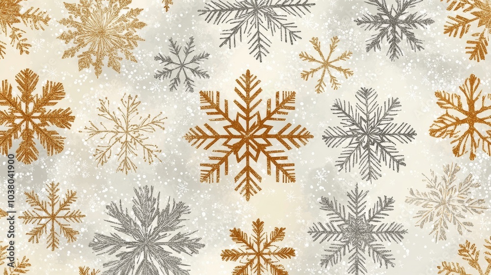 Decorative snowflakes in gold, silver, and white on a light background for winter celebrations Decorative snowflakes in gold, silver, and white on a light background for winter celebrations