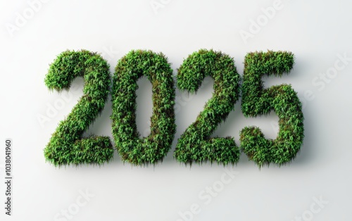 3D text "2025" with moss texture realistic modern design, soft lighting, white background