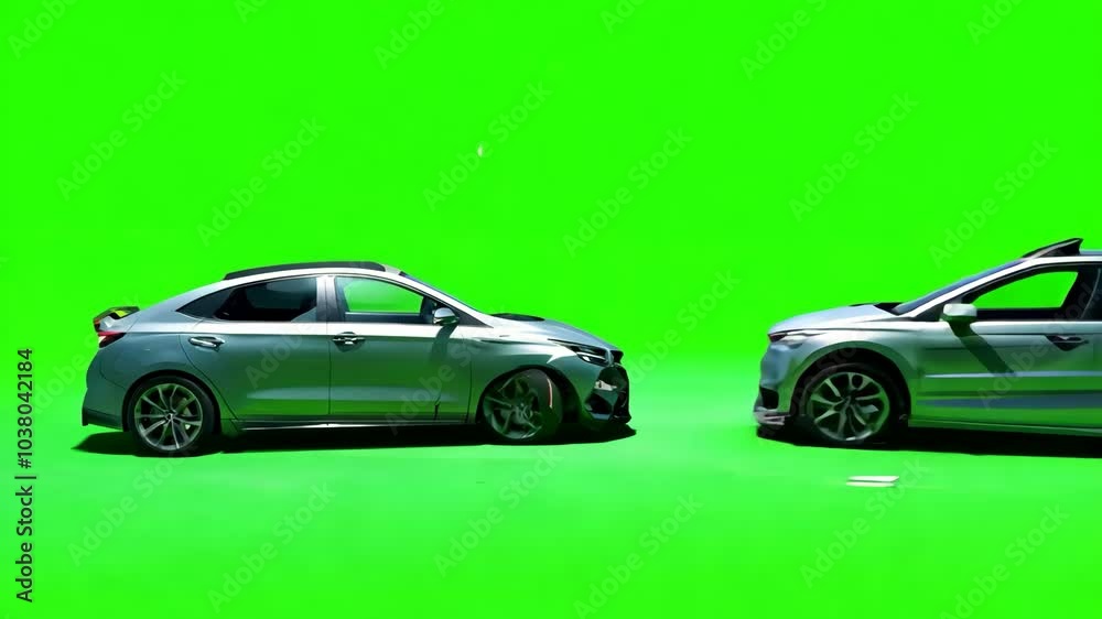 Two silver cars facing each other on a green screen background