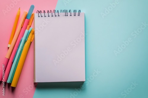 A stack of colorful notebooks and a blank notepad arranged neatly on a wooden...