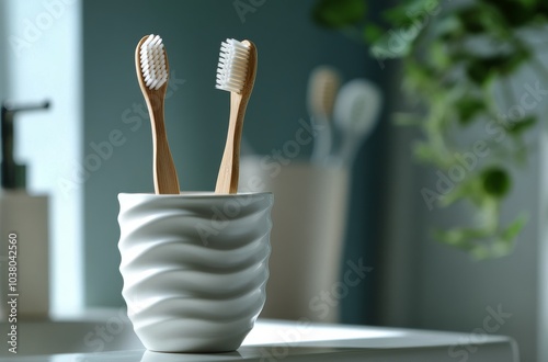 Two eco friendly bamboo toothbrushes displayed in modern holders on a bathroo...