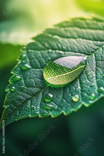Close up of a water droplet resting on a green leaf in early morning light ou...