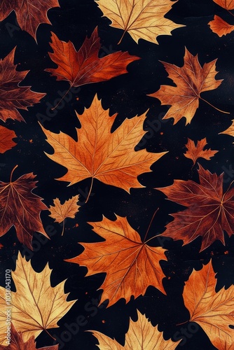 A collection of autumn leaves floating against a dark background in a tranqui...
