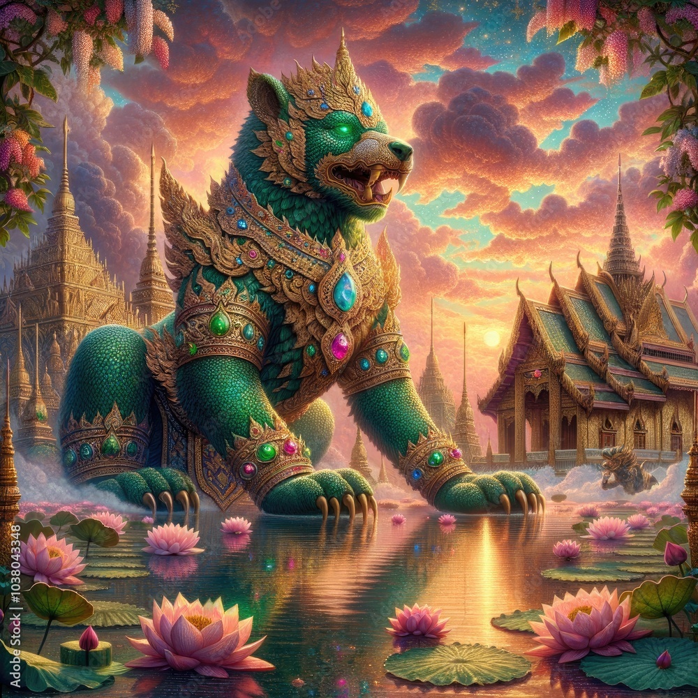 Fototapeta premium Majestic Mythical Bear: A Sacred Guardian Adorned with Ornate Armor and Emerald Jewels, Standing in a Lotus Pond Amidst Traditional Thai Temples at Sunset in a Mystical Landscape
