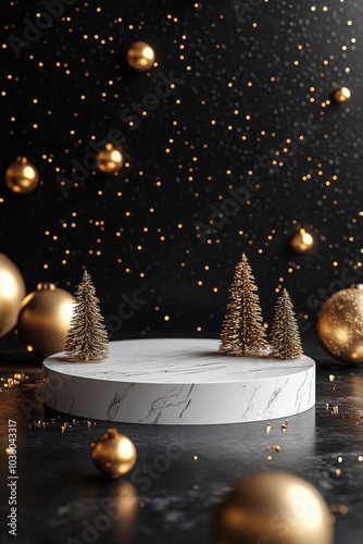 Elegant display of golden ornaments and a small tree on a marble pedestal aga...