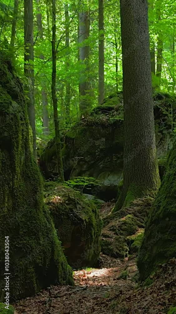 A beautiful and lush green forest path, featuring vibrant foliage and mosscovered rocks A beautiful and lush green forest path, featuring vibrant foliage and mosscovered rocks
