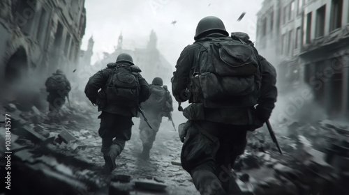 Soldiers marching through a ruined city under heavy artillery fire