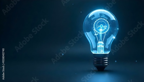 A glowing light bulb with illuminated gears inside, representing innovation, technology, and creativity on a dark blue background