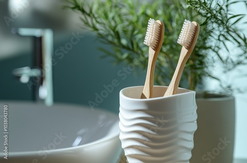 Two eco friendly bamboo toothbrushes displayed in modern holders on a bathroo...