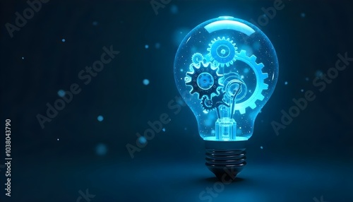 A glowing light bulb with illuminated gears inside, representing innovation, technology, and creativity on a dark blue background