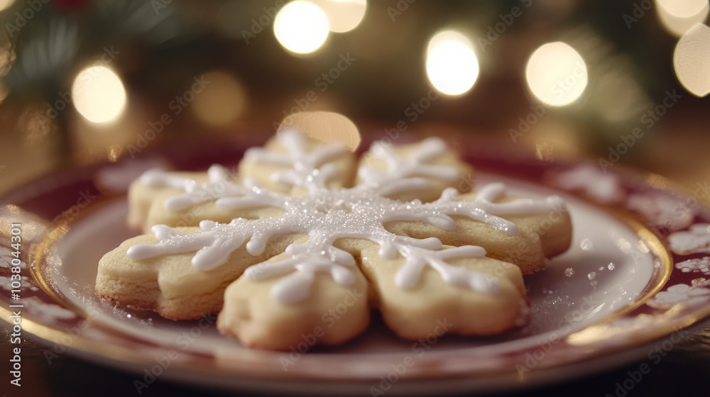beautifully decorated snowflake shaped Christmas cookie sits on festive plate, surrounded by soft, glowing lights. This delightful treat captures essence of holiday cheer and warmth beautifully decorated snowflake shaped Christmas cookie sits on festive plate, surrounded by soft, glowing lights. This delightful treat captures essence of holiday cheer and warmth