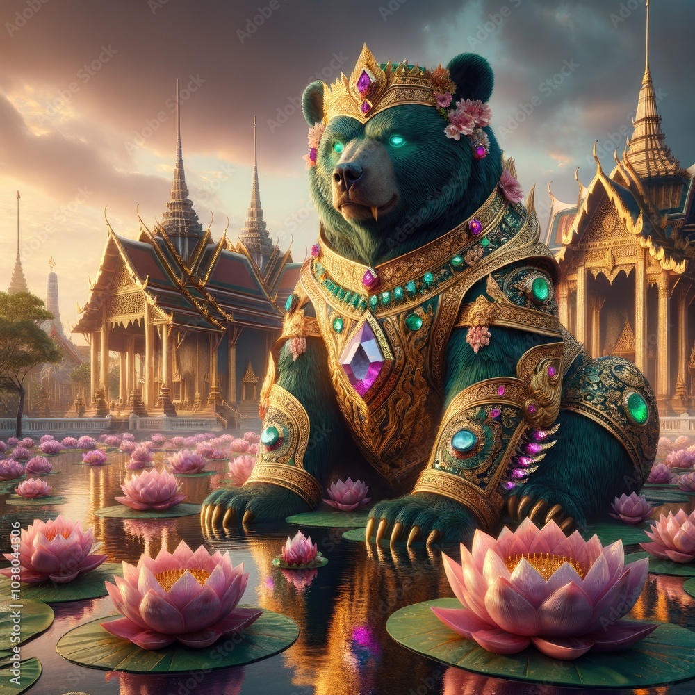 Fototapeta premium Majestic Mythical Bear: A Sacred Guardian Adorned with Ornate Armor and Emerald Jewels, Standing in a Lotus Pond Amidst Traditional Thai Temples at Sunset in a Mystical Landscape